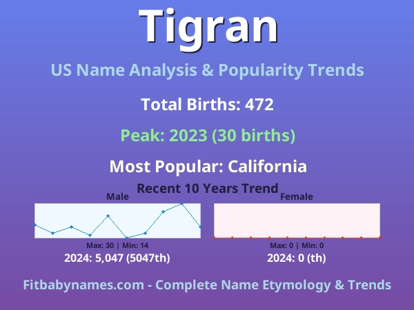 Infographic: Tigran name meaning, origin, and popularity trends in the United States (US baby name analysis chart)