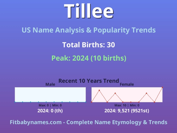 Infographic: Tillee name meaning, origin, and popularity trends in the United States (US baby name analysis chart)