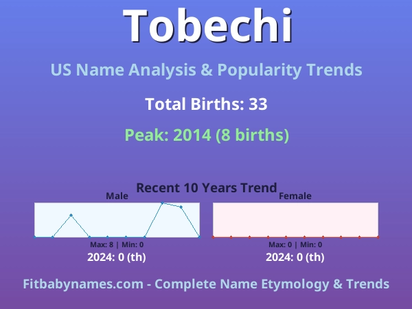 Infographic: Tobechi name meaning, origin, and popularity trends in the United States (US baby name analysis chart)
