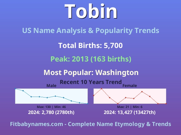 Infographic: Tobin name meaning, origin, and popularity trends in the United States (US baby name analysis chart)