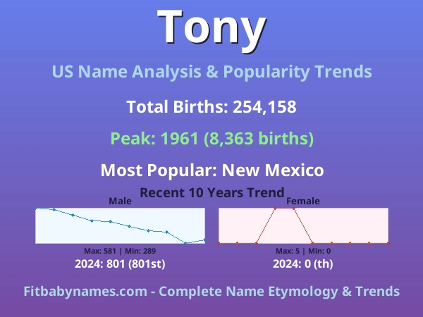 Infographic: Tony name meaning, origin, and popularity trends in the United States (US baby name analysis chart)