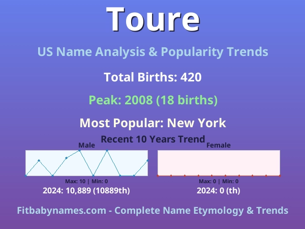 Infographic: Toure name meaning, origin, and popularity trends in the United States (US baby name analysis chart)