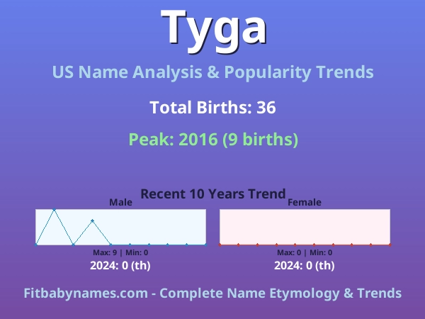 Infographic: Tyga name meaning, origin, and popularity trends in the United States (US baby name analysis chart)