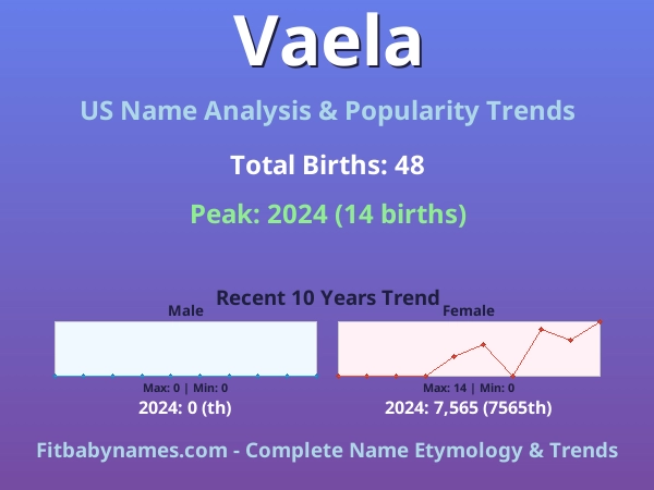 Infographic: Vaela name meaning, origin, and popularity trends in the United States (US baby name analysis chart)