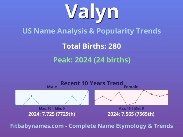 Infographic: Valyn name meaning, origin, and popularity trends in the United States (US baby name analysis chart)