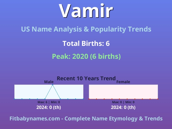 Infographic: Vamir name meaning, origin, and popularity trends in the United States (US baby name analysis chart)