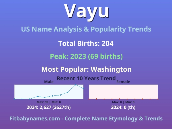 Infographic: Vayu name meaning, origin, and popularity trends in the United States (US baby name analysis chart)