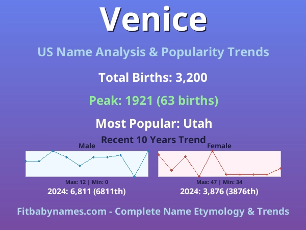 Infographic: Venice name meaning, origin, and popularity trends in the United States (US baby name analysis chart)