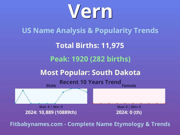 Infographic: Vern name meaning, origin, and popularity trends in the United States (US baby name analysis chart)