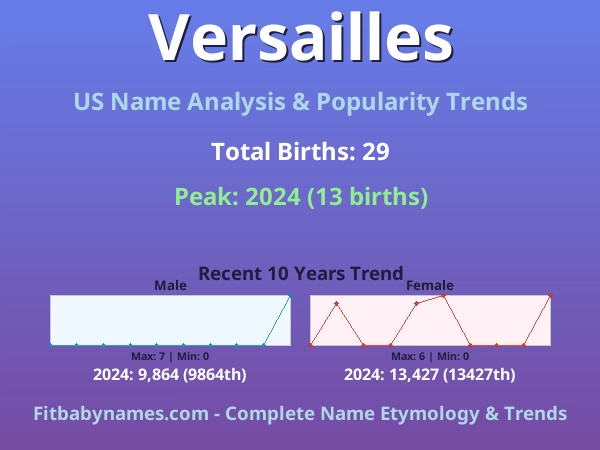 Infographic: Versailles name meaning, origin, and popularity trends in the United States (US baby name analysis chart)