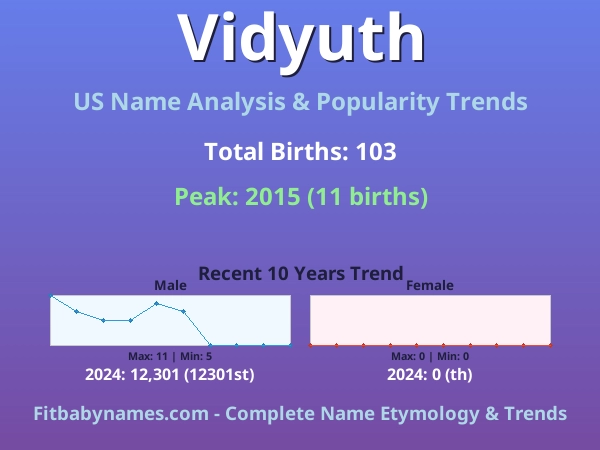 Infographic: Vidyuth name meaning, origin, and popularity trends in the United States (US baby name analysis chart)
