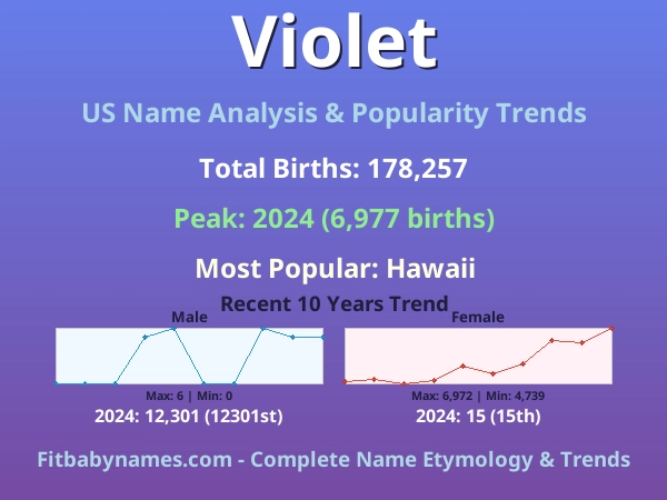Infographic: Violet name meaning, origin, and popularity trends in the United States (US baby name analysis chart)