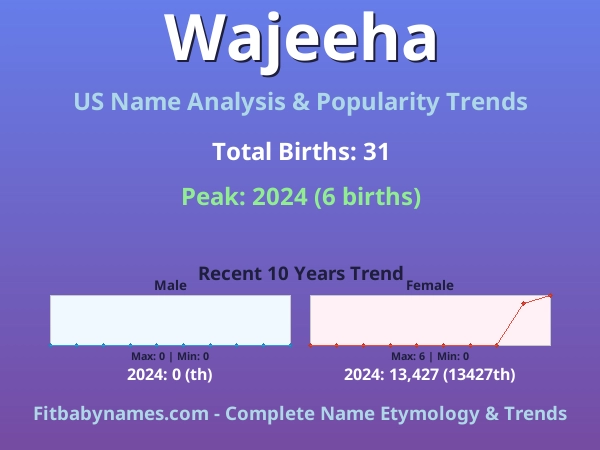Infographic: Wajeeha name meaning, origin, and popularity trends in the United States (US baby name analysis chart)