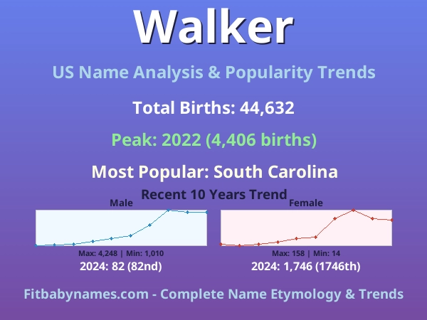 Infographic: Walker name meaning, origin, and popularity trends in the United States (US baby name analysis chart)