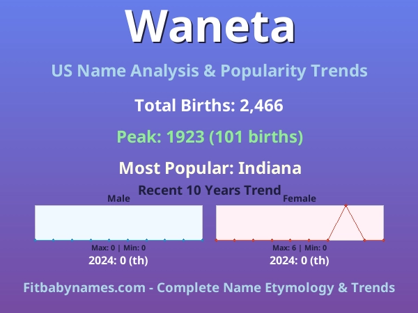 Infographic: Waneta name meaning, origin, and popularity trends in the United States (US baby name analysis chart)