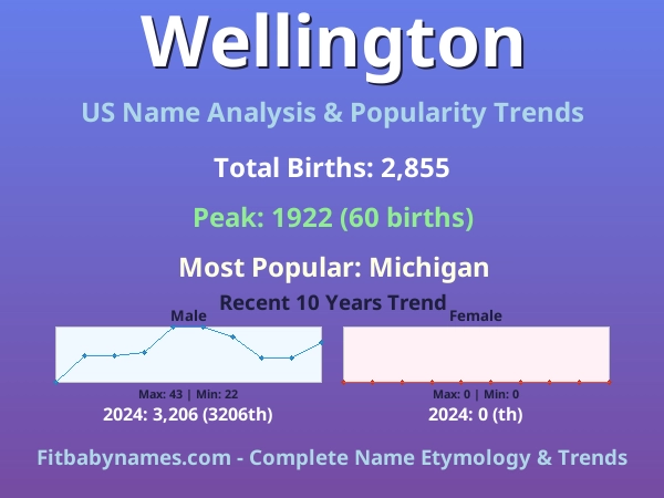Infographic: Wellington name meaning, origin, and popularity trends in the United States (US baby name analysis chart)