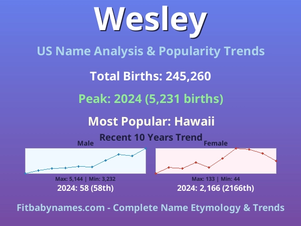 Infographic: Wesley name meaning, origin, and popularity trends in the United States (US baby name analysis chart)