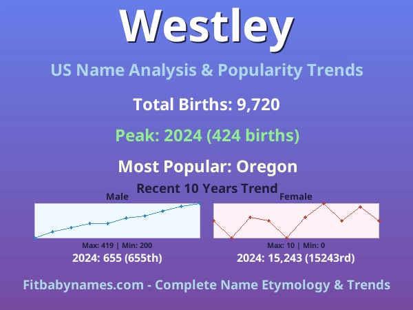 Infographic: Westley name meaning, origin, and popularity trends in the United States (US baby name analysis chart)