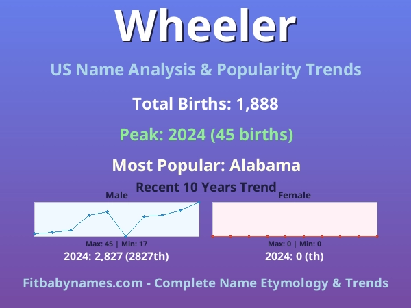 Infographic: Wheeler name meaning, origin, and popularity trends in the United States (US baby name analysis chart)