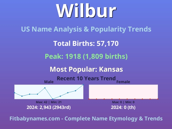 Infographic: Wilbur name meaning, origin, and popularity trends in the United States (US baby name analysis chart)