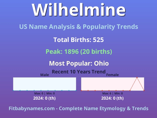 Infographic: Wilhelmine name meaning, origin, and popularity trends in the United States (US baby name analysis chart)