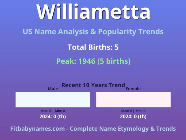 Infographic: Williametta name meaning, origin, and popularity trends in the United States (US baby name analysis chart)