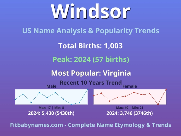 Infographic: Windsor name meaning, origin, and popularity trends in the United States (US baby name analysis chart)