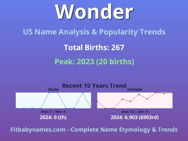 Infographic: Wonder name meaning, origin, and popularity trends in the United States (US baby name analysis chart)