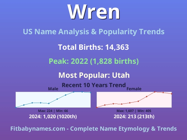 Infographic: Wren name meaning, origin, and popularity trends in the United States (US baby name analysis chart)