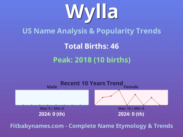 Infographic: Wylla name meaning, origin, and popularity trends in the United States (US baby name analysis chart)