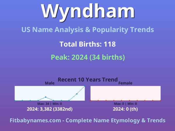Infographic: Wyndham name meaning, origin, and popularity trends in the United States (US baby name analysis chart)
