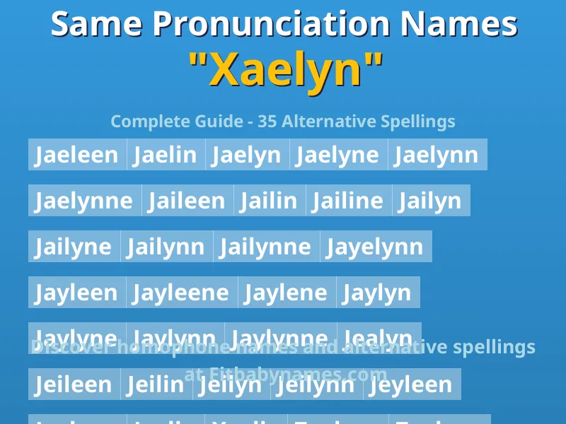 Infographic: Xaelyn same pronunciation names, similar names, and homophone names