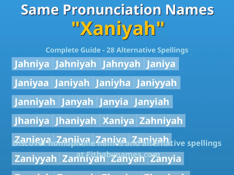 Infographic: Xaniyah same pronunciation names, similar names, and homophone names