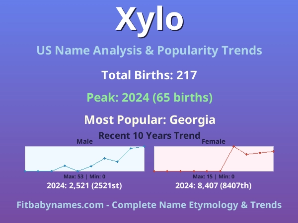 Infographic: Xylo name meaning, origin, and popularity trends in the United States (US baby name analysis chart)