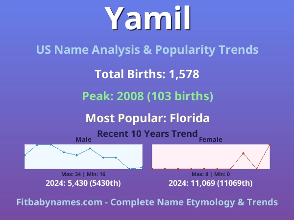 Infographic: Yamil name meaning, origin, and popularity trends in the United States (US baby name analysis chart)