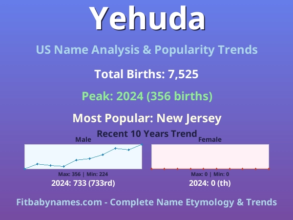 Infographic: Yehuda name meaning, origin, and popularity trends in the United States (US baby name analysis chart)