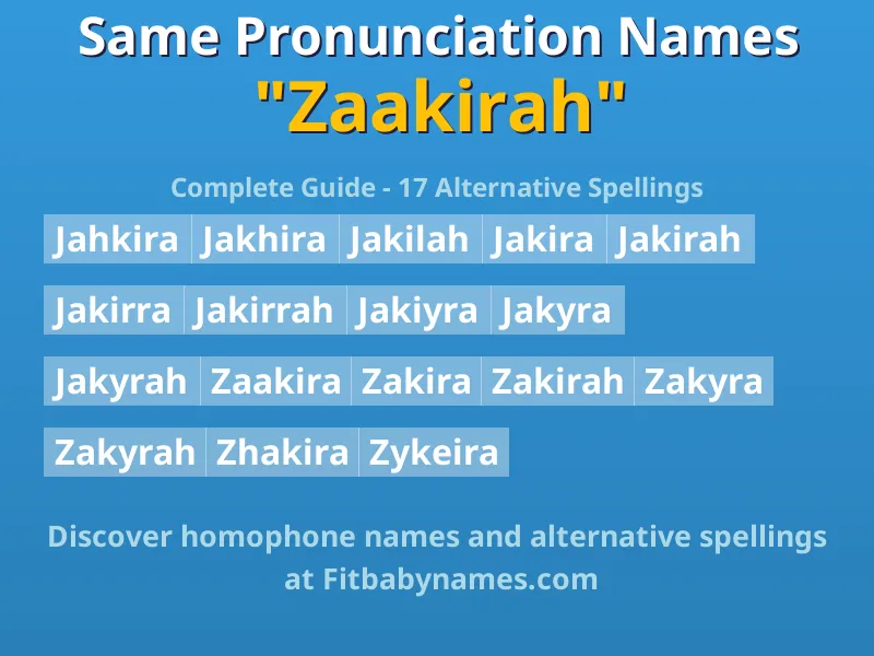 Infographic: Zaakirah same pronunciation names, similar names, and homophone names