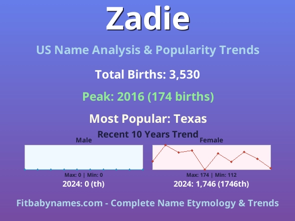 Infographic: Zadie name meaning, origin, and popularity trends in the United States (US baby name analysis chart)