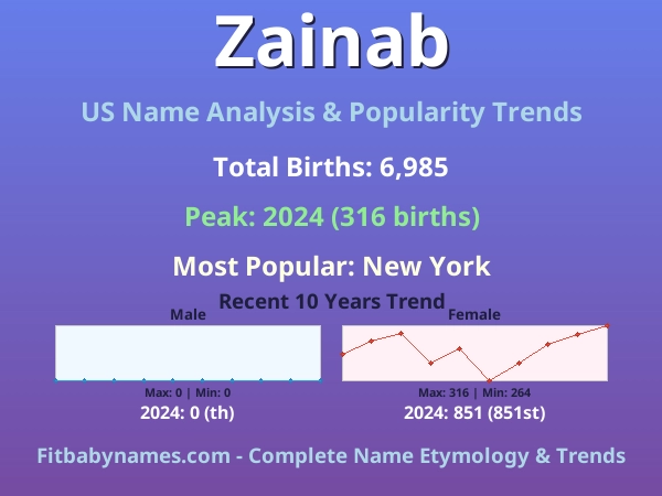 Infographic: Zainab name meaning, origin, and popularity trends in the United States (US baby name analysis chart)