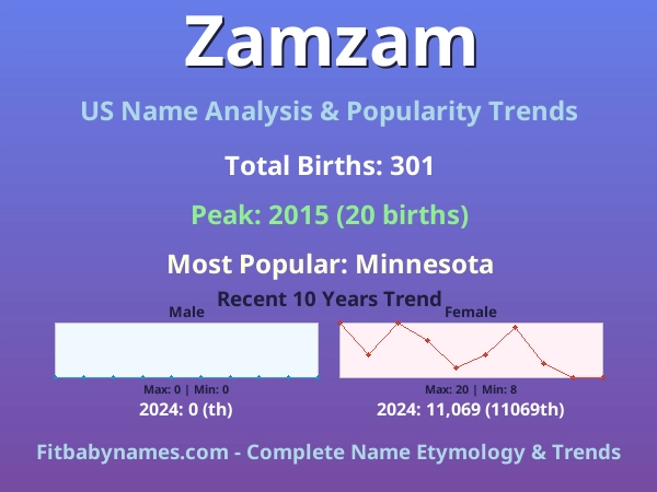 Infographic: Zamzam name meaning, origin, and popularity trends in the United States (US baby name analysis chart)