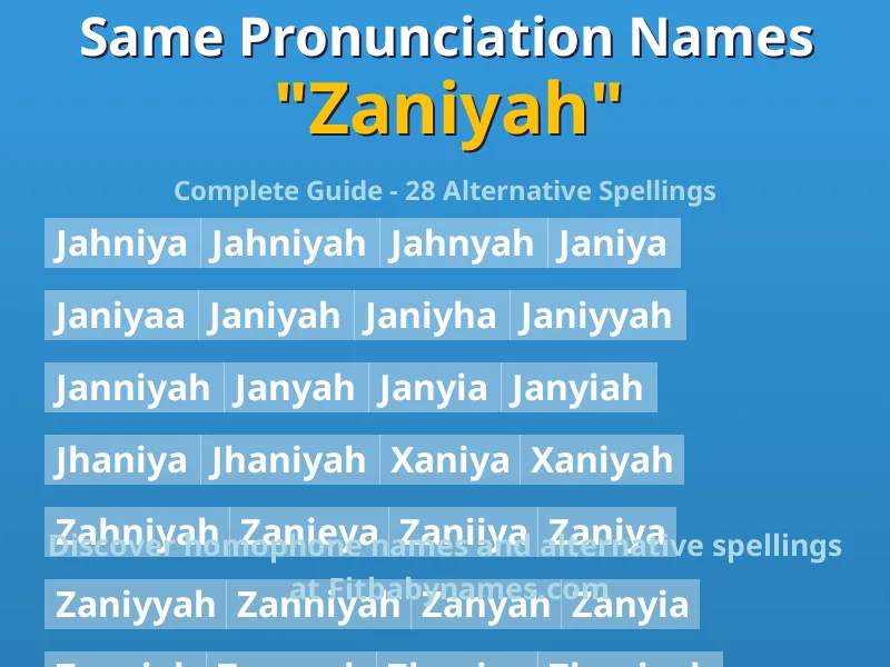 Infographic: Zaniyah same pronunciation names, similar names, and homophone names