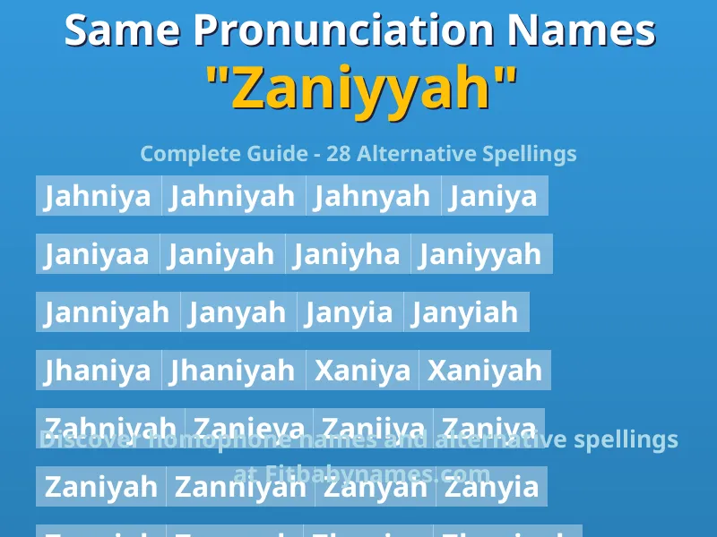 Infographic: Zaniyyah same pronunciation names, similar names, and homophone names