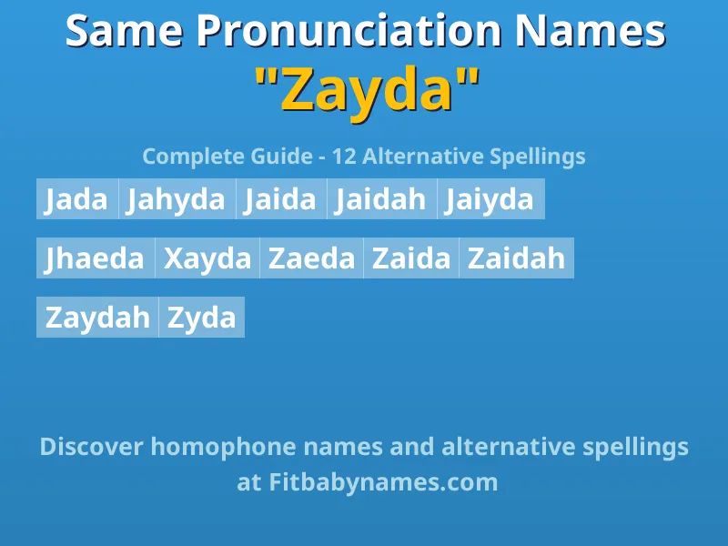 Infographic: Zayda same pronunciation names, similar names, and homophone names