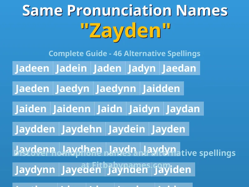 Infographic: Zayden same pronunciation names, similar names, and homophone names