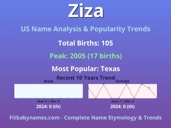 Infographic: Ziza name meaning, origin, and popularity trends in the United States (US baby name analysis chart)