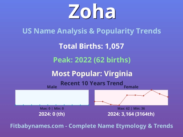 Infographic: Zoha name meaning, origin, and popularity trends in the United States (US baby name analysis chart)